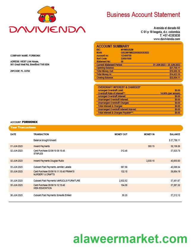 Davivienda Bank company checking account statement Word and PDF template
